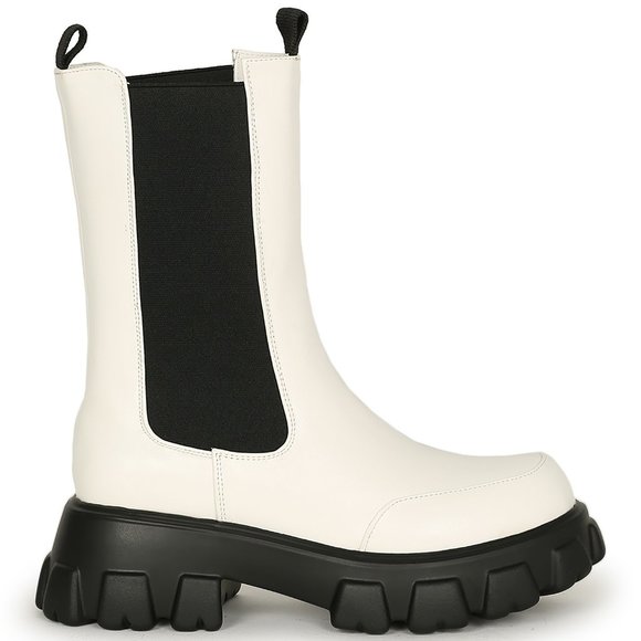 Women's Chunky Mid Calf Elastic Collar Round Toe Lugged Sole Boot- White - Picture 2 of 7